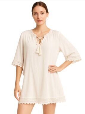 New CUPSHE Small White Swimsuit Cover-up V-Neck Short Sleeve Lace Trim Scalloped